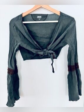 Tie-Front Cropped Blouse in greyish blue with Brown Lace Trim and flared sleeves